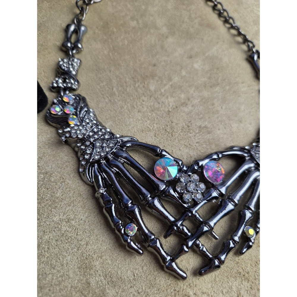 Skeleton Hand Heart Bling Necklace Earrings Dark Silver Tone Punk Goth-GunMetal - Picture 4 of 8